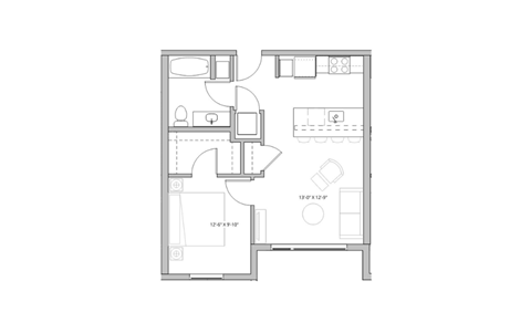 bedroom floor plan of a small apartment with a closet